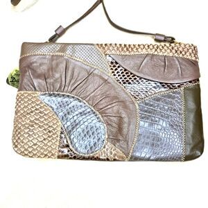 Dame by David Mehler NYC Leather Snakeskin Patchwork Design Clutch Shoulder Bag